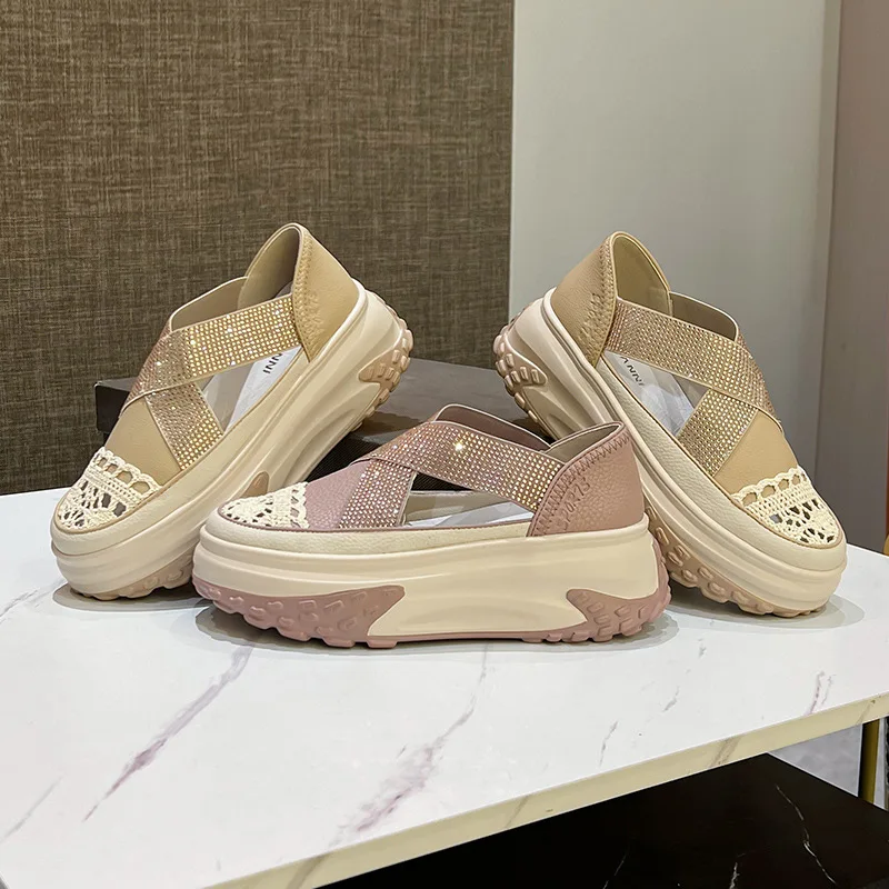 Air Mesh Genuine Leather Rhinestone Design Comfy Sandals Breathable Shoes Chunky Sneakers Spring Summer Platform Wedge Shoes
