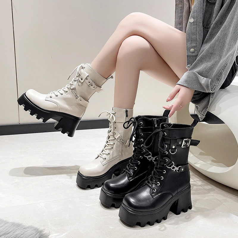 

Boots New Winter Women Warm Plush Zip Solid Thick High Heels Square Toe Shoes Casual Lady Chunky Platform Metal Buckle 2022 New