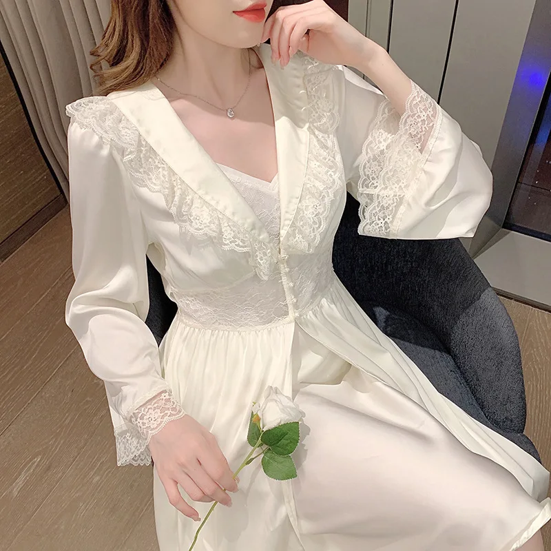 Summer New French Satin Women's Robe Set Sexy Lace Sling Sleepwear Exquisite Bead Nightgown Long Bathrobes Female Home Wear