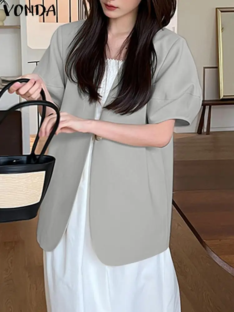 

2023 модный Блейзер VONDA, Женский повседневный элегантный Блейзер в офисном стиле, пикантная верхняя одежда с V-образным вырезом, уличная одежда с короткими рукавами-фонариками, пальто оверсайз