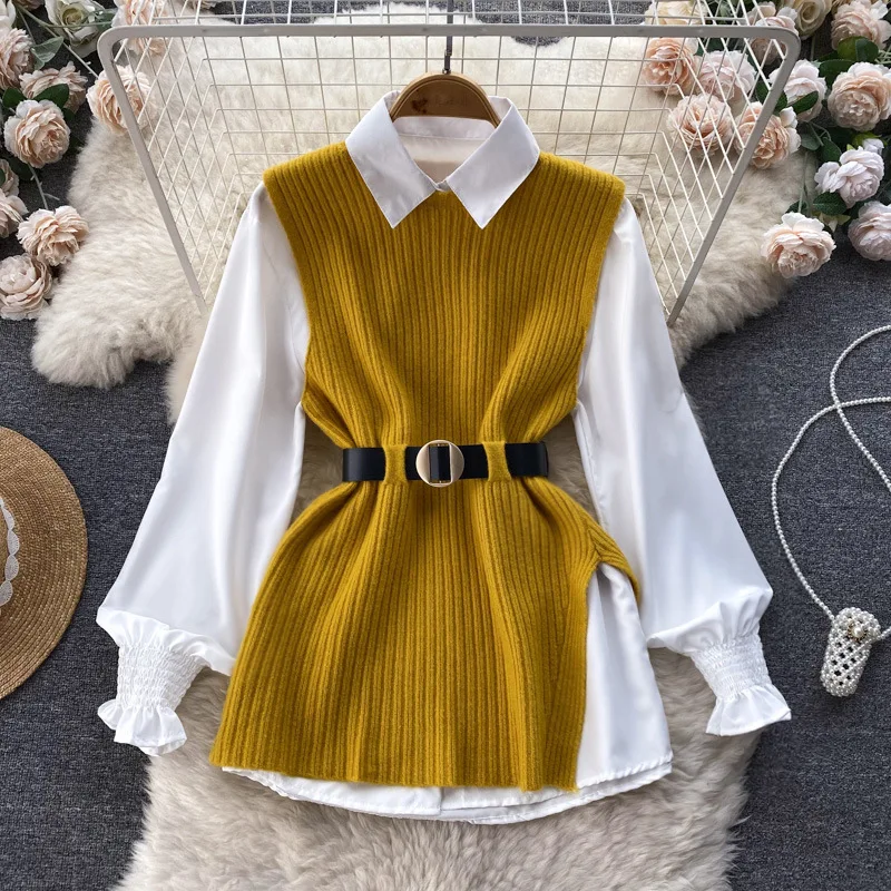 

Suit women's loose long sleeve white shirt top split knit vest vest two pieces suit trendy