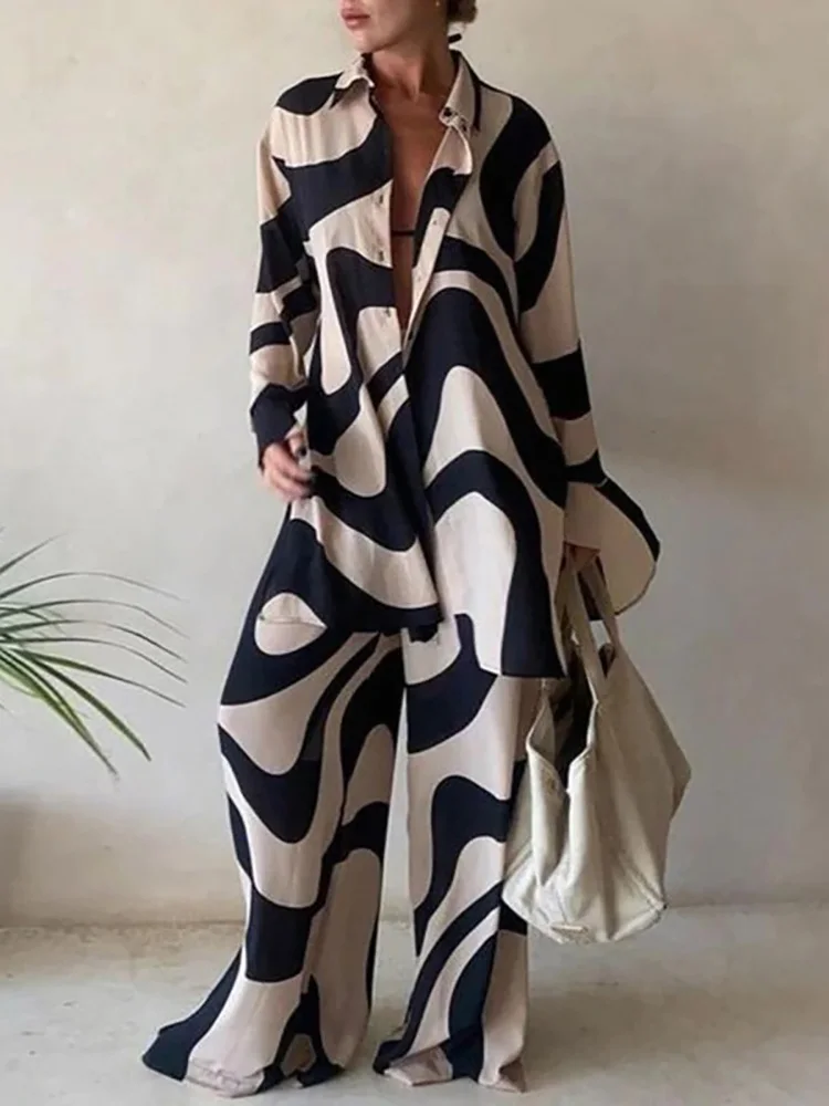 2 Piece Sets Womens Outfits Spring Autumn Printing Loose Long Cardigan Top Wide Leg Pants Ladies Suits Loungewear Dropshipping