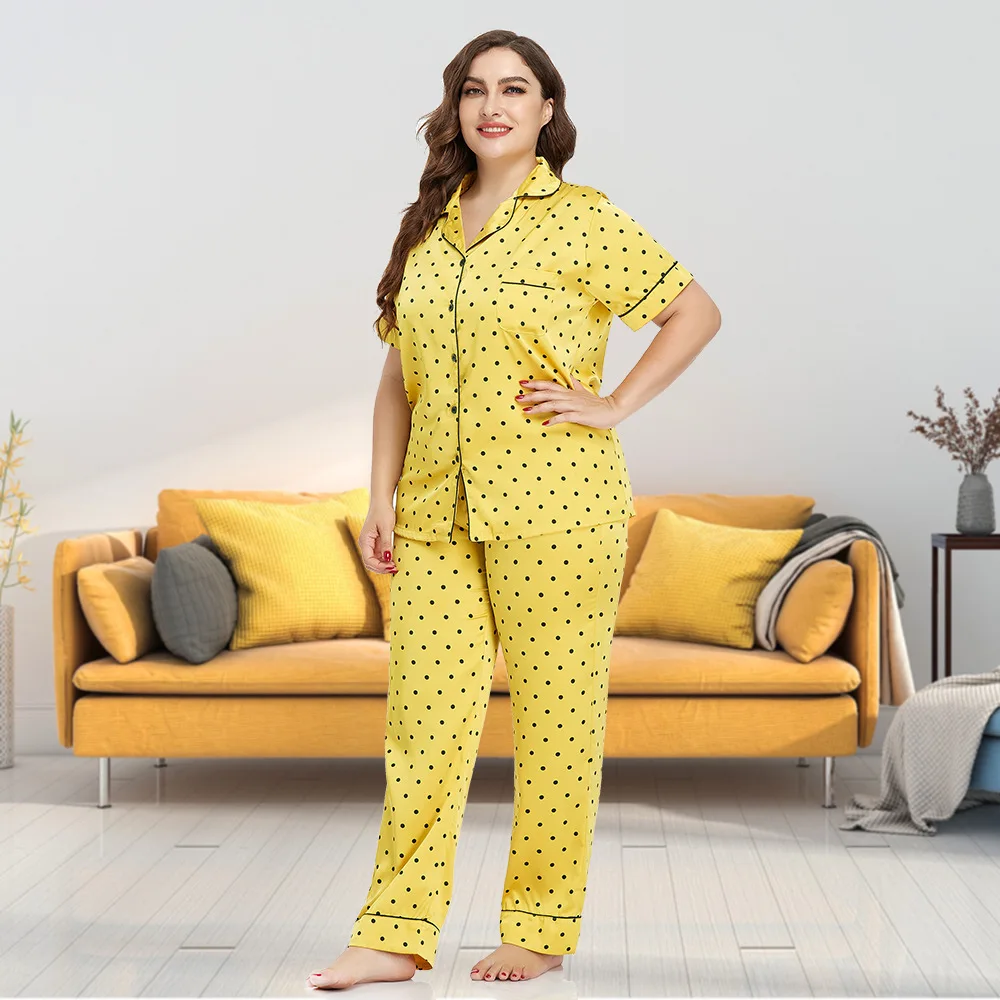 Women's European and American Large Size Ice Silk Cardigan Pajamas Ladies Homewear Lapel Short Sleeve Pants Two Piece Suit