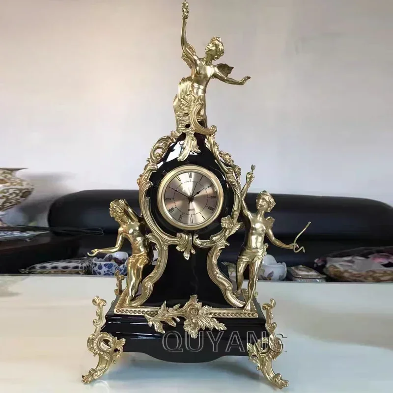 QUYANG Роскошный домашний декор антикварные настольные часы украшения камин латунь