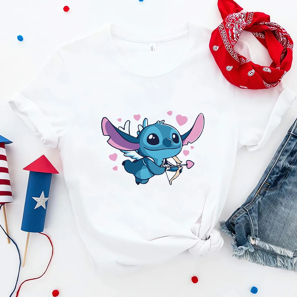 

Cute Cupid Stitch Disney T Shirt Women New Creative Fashion Streetwear Summer Casual Tops Tees European Harajuku Female T-shirt