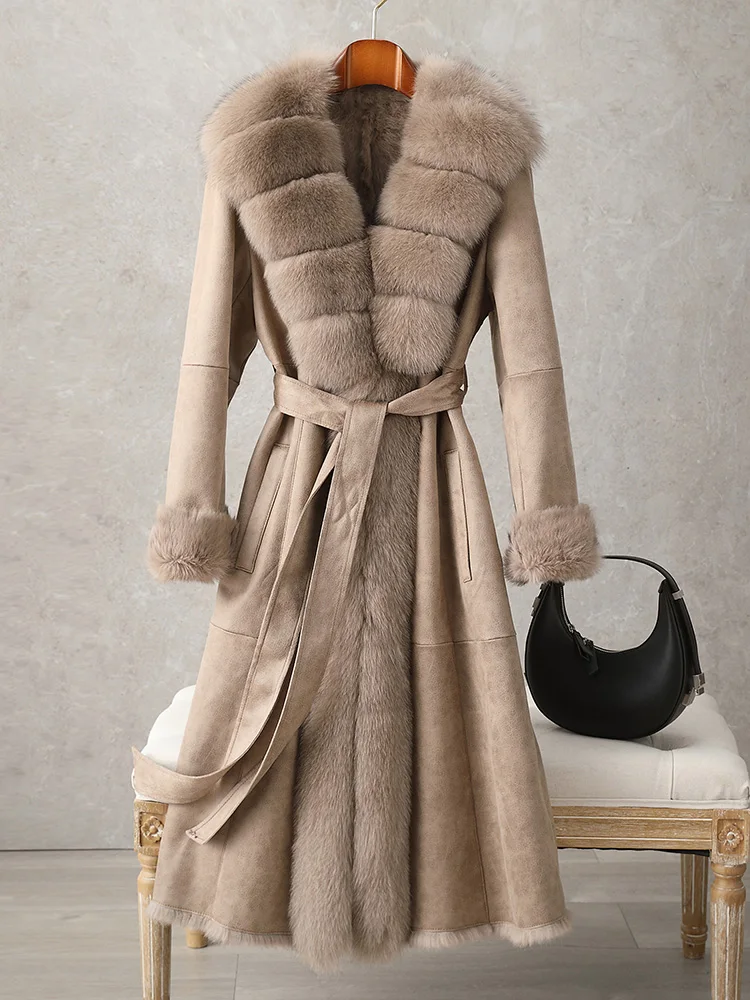 

2023 New All skin Rabbit Fur One Women Haining Fur Medium length Coat Fox Fur Collar Fur Coat