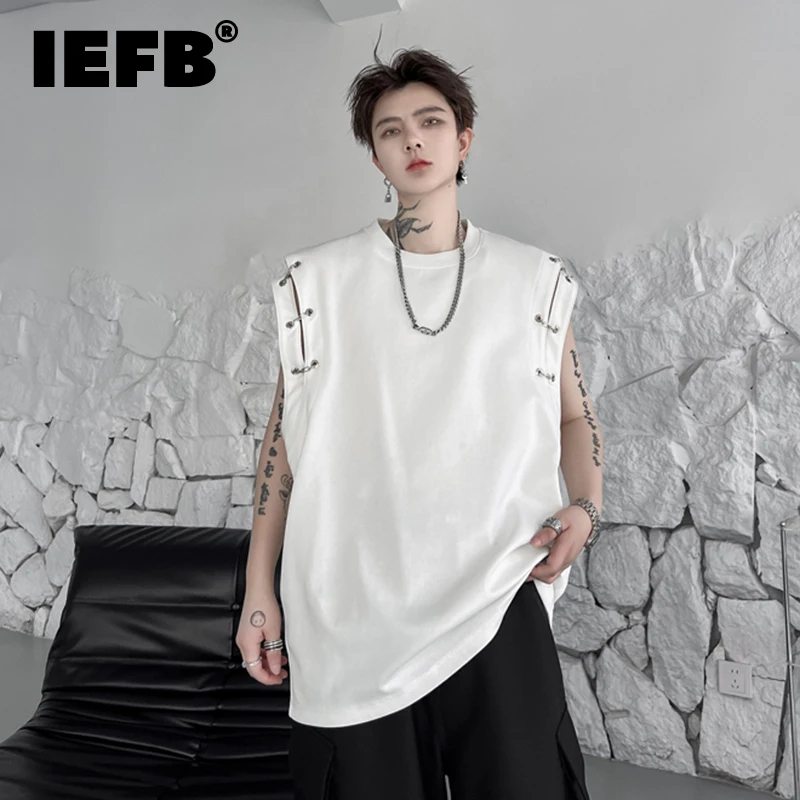 

IEFB Men's Terndy Vest Summer Solid Color Shoulder Pas Tank Top Metal Buckle Spliced Design Loose Male Sleeveless T-shirts 9C220