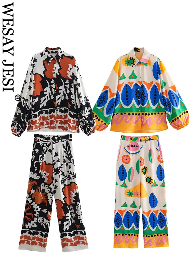 

WESAY JESI TRAF Woman Summer 2 Piece Set Print Turn-Down Collar Lantern Sleeve Single Breasted Blouse+Pockets Zipper Long Pants