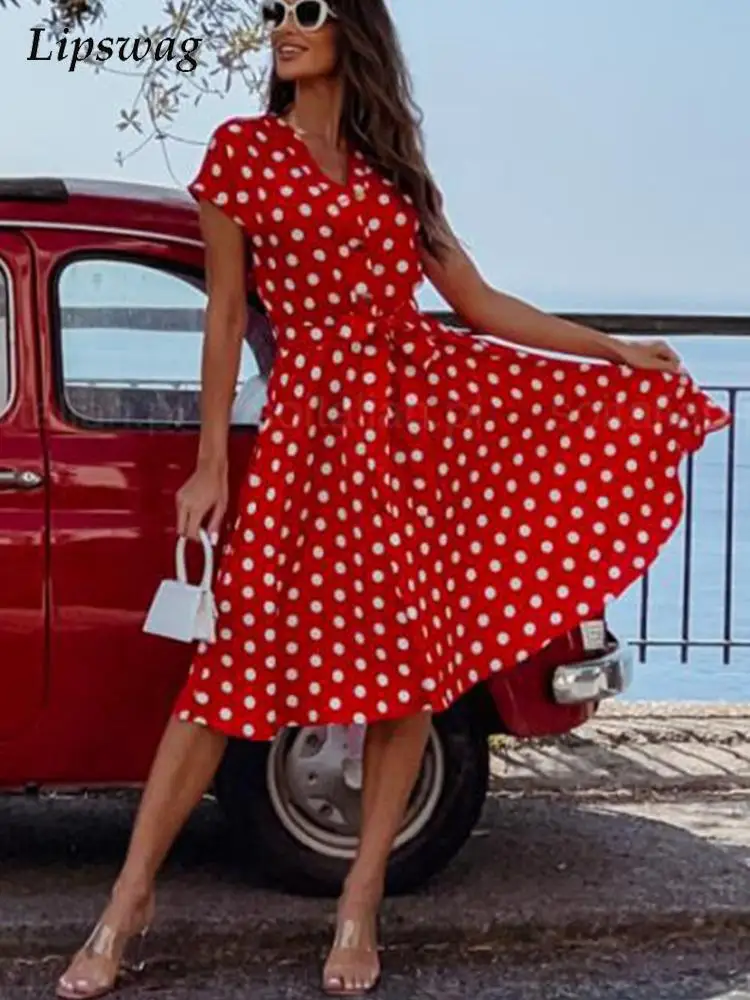 

Retro Polka Dot Print Loose Midi Dress Women Casual Short Sleeve Lace-up Waist Party Dresses Sexy V Neck High Waist Tie-up Dress