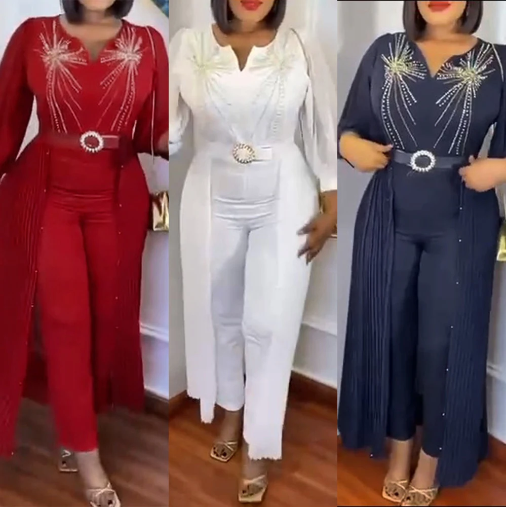 Elegant Plus Size Jumpsuits For Women African Turkey Wedding Party Clothing Dashiki Ankara Outfits Robe Long Sleeve Rompers 2023