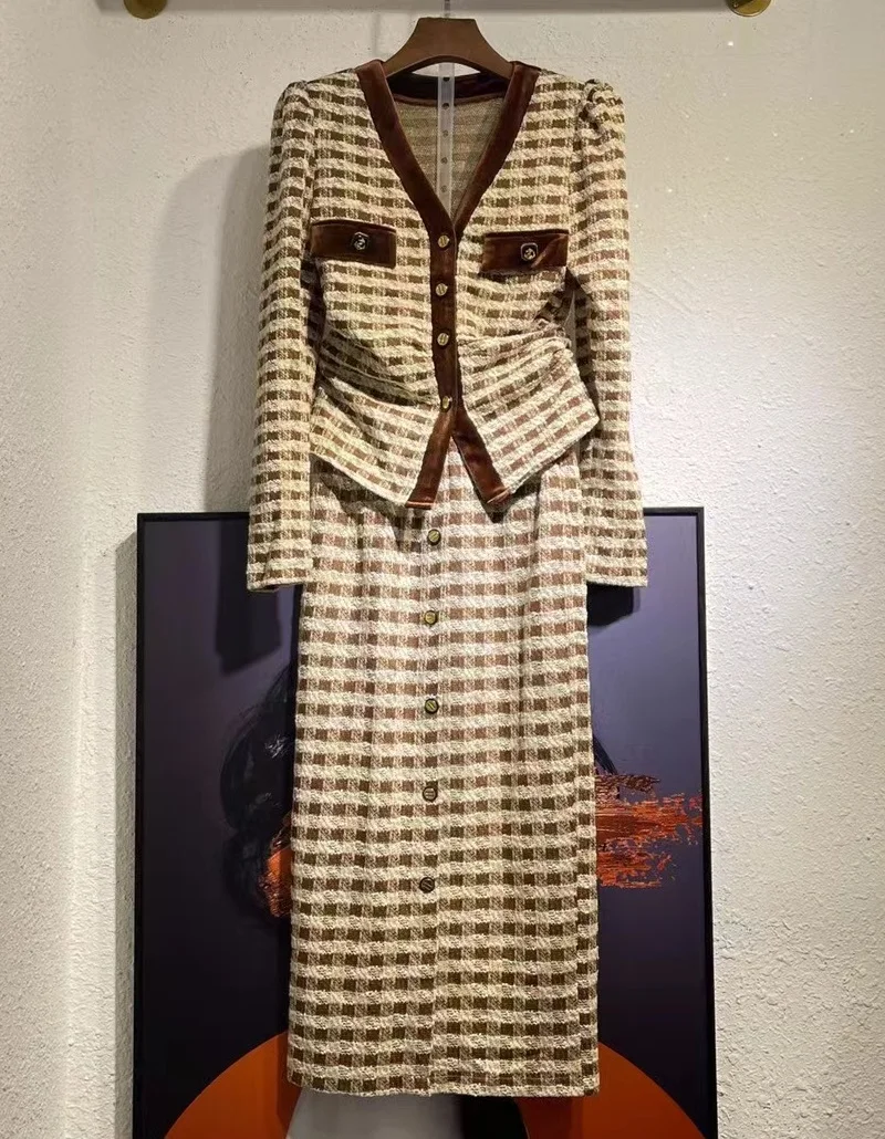 Женский трикотажный Костюм-двойка бархатный кардиган с V-образным вырезом и юбка