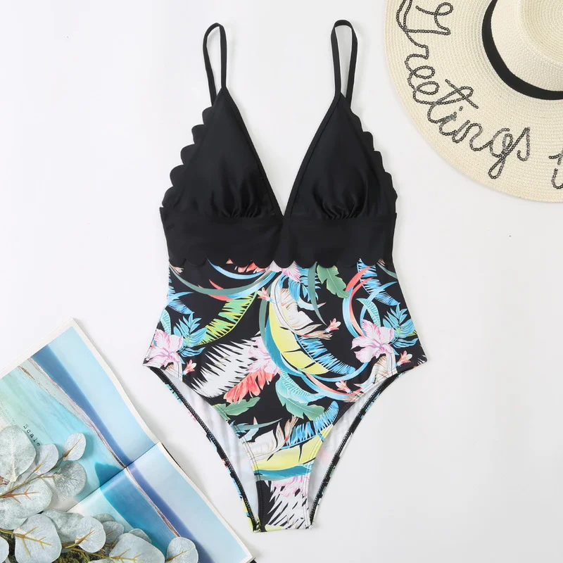 

2022 New Sexy One Piece Monokini High Waist Lace V Neck Strap Floral Print Thong Swimsuit Backless Swimwear Beach Bathing Suits