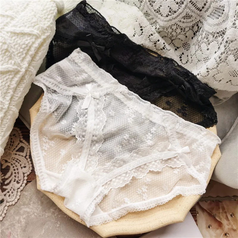 

Lace Sweet Wind Sexy Cute Mesh Perspective Low Waist Panties Bow Lolita Dress Jacquard New Briefs WOMEN Floral Pink Panties