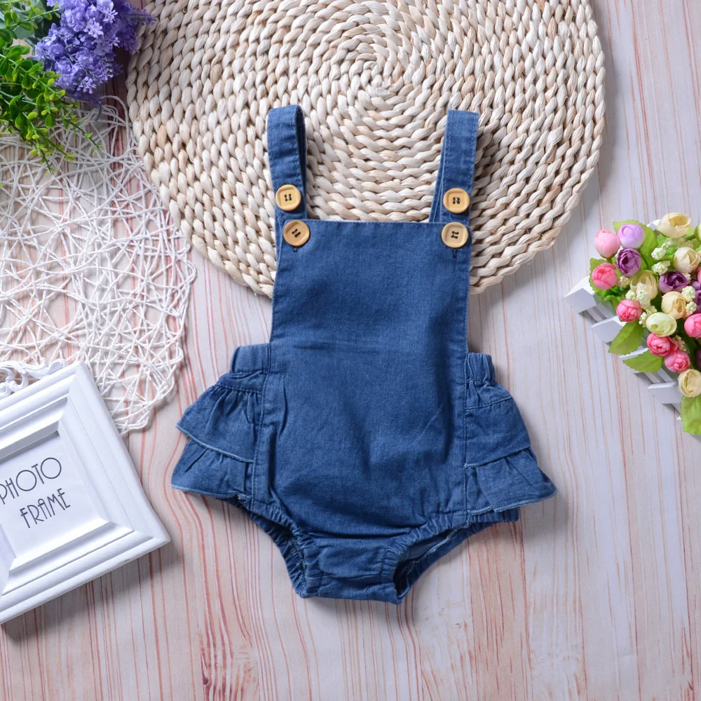 

Newborn Baby Girl Denim Bodysuit Strap Girl Jumpsuit Blue Ruffles Decor Infant Outfits Summer Sleeveless Girls One-Pieces