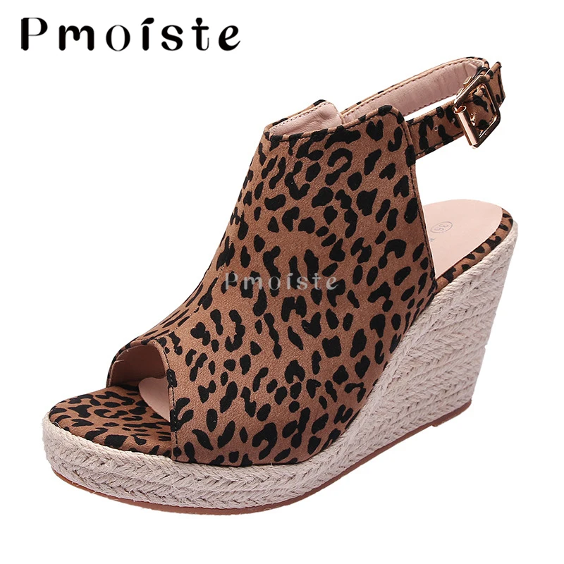 Wedge Sandals For Woman Espadrille Buckle Slippers New Big Size 42 43 Fish Toe Fashion Leopard Print Women's Summer Shoes