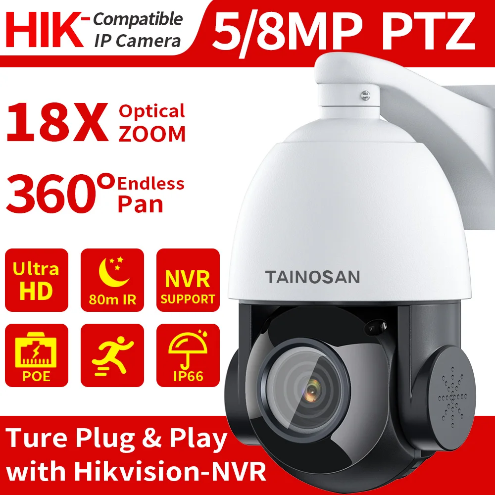 

PTZ POE IP Camera 5MP 8MP 18X ZOOM Waterproof Outdoor Speed Dome IR 80M H.265 CCTV Security Cam Alert Compatible-Hikvision NVR