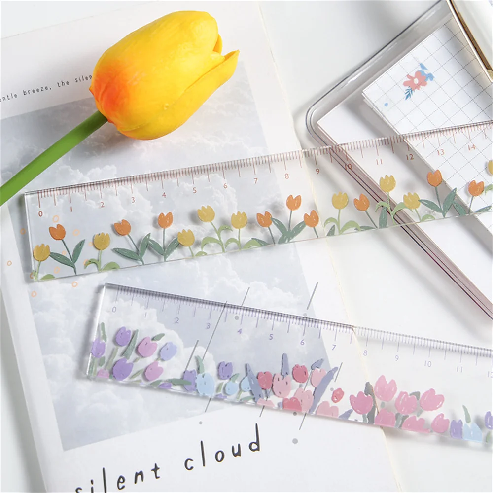 

1PC 15CM Transparent Delicate Floral Scale Ruler Bookmarks Book Page Marker Students School Creative Stationary Measuring Gift