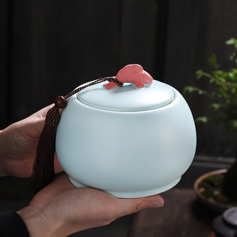 

Blue Ceramic Tea Tin with Lid Jewelry Cosmetic Storage Box Nut Jar Tea Warehouse Moisture-proof Sealed Container Home Decoration