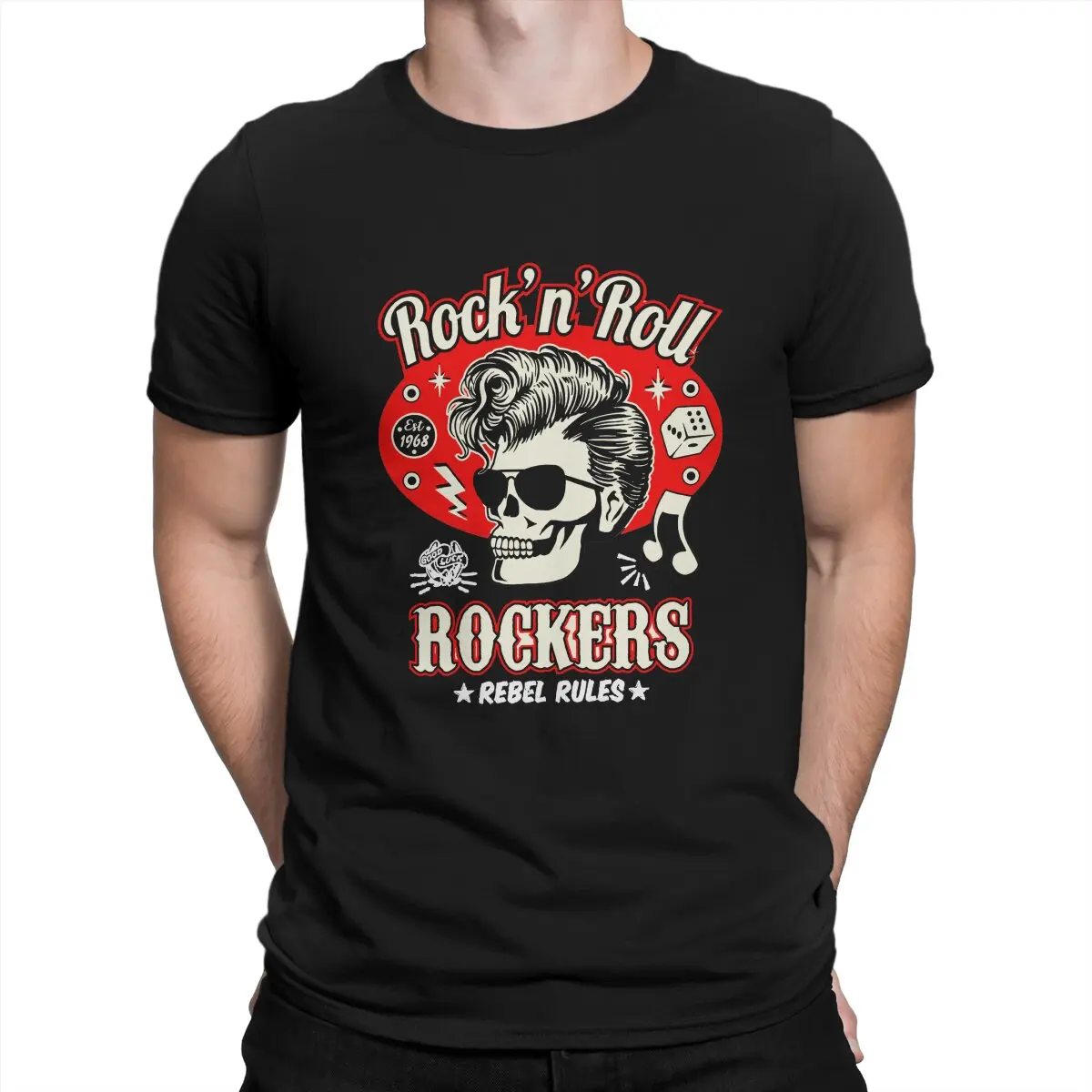 

Rockabilly Rock and Roll Skull Red And Black Dice Rockers T Shirt Harajuku Fashion Men's Tshirt O-Neck