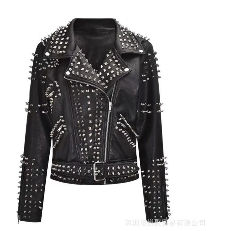 

Новая мотоциклетная кожаная куртка, женская одежда, облегающее модное короткое пальто в стиле панк для тяжелой промышленности с заклепками, женское весеннее пальто