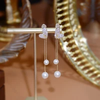 shiny full inlaid zircon golden love pearl long tassel earrings women personality fashion earrings wedding jewelry birthday gift