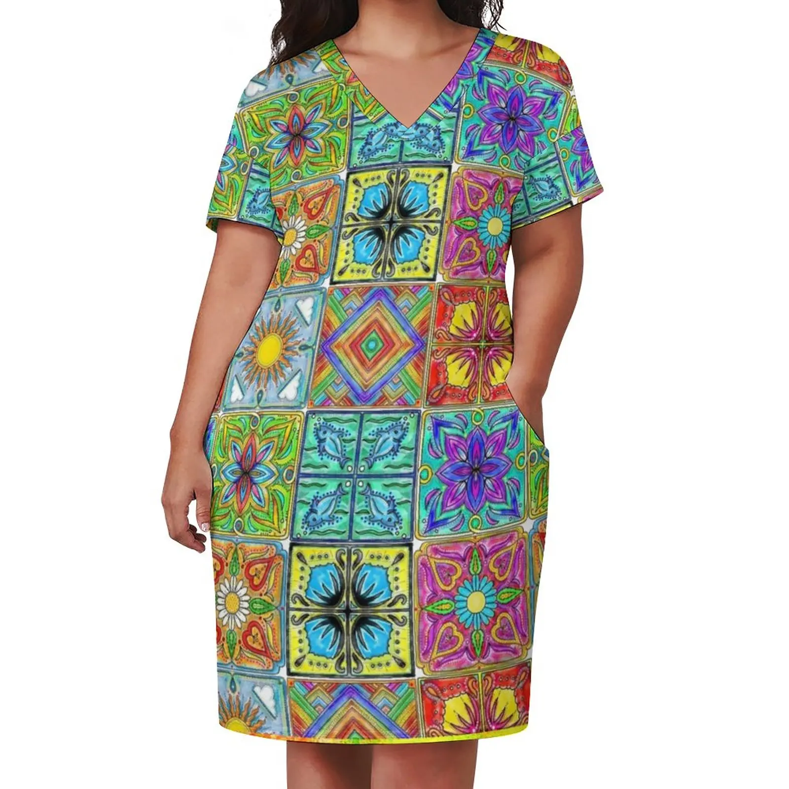 Vintage Patchwork Dress V Neck Colorful Spanish Tile Stylish Dresses Streetwear Graphic Casual Dress With Pockets Plus Size 5XL