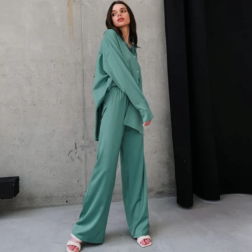 Autumn European / American Long Sleeved Pajamas Silk Like Loose Shirts Trousers Home Clothes Fashionable Cross-border Women 2PCS