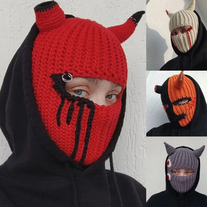 

Halloween Funny Horns Knitted Hat Beanies Warm Full Face Cover Ski Mask Hat Windproof Balaclava Hat for Outdoor Sport F3MD