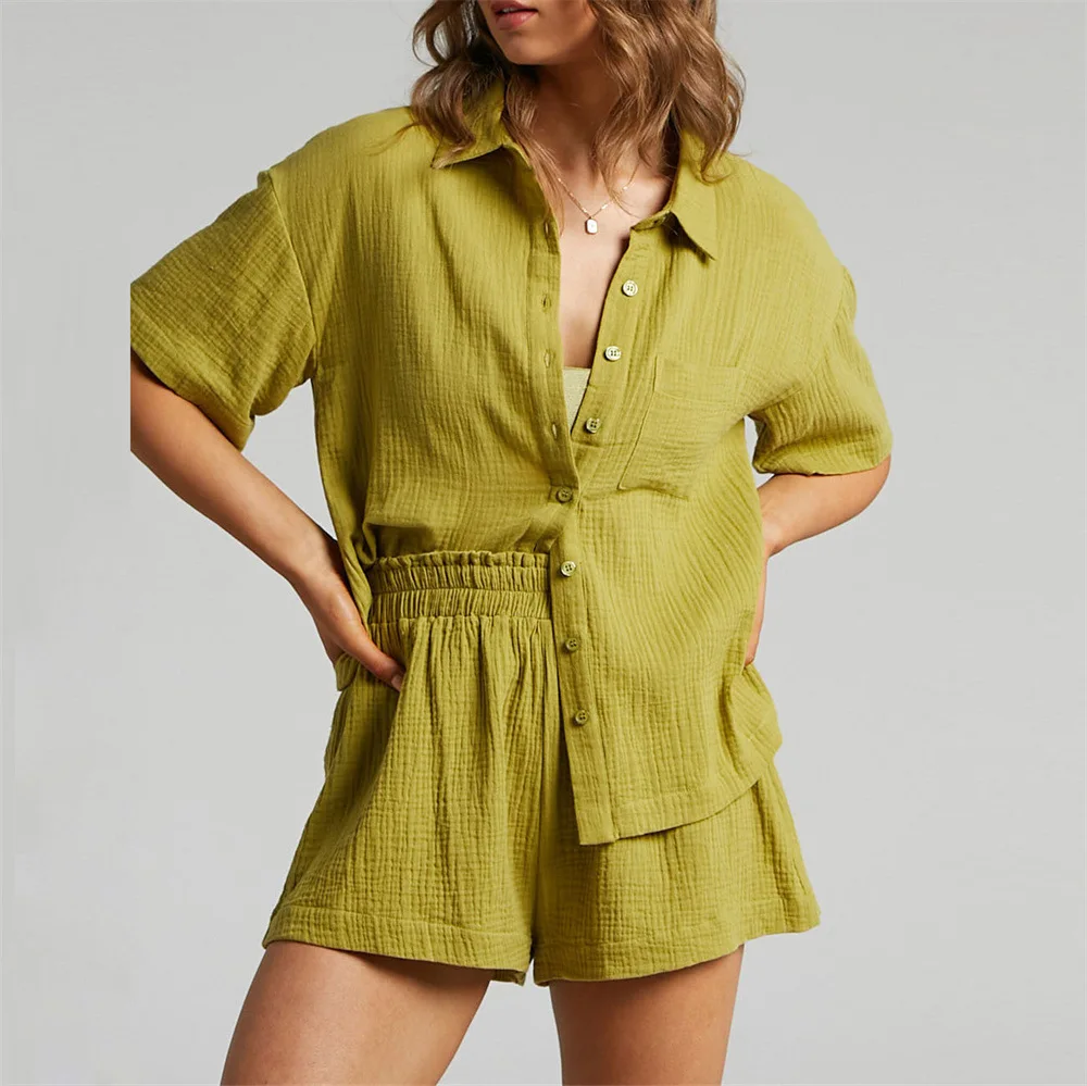 

Summer Cotton and Linen Two Piece Sets Womens Outifits Tracksuits Short Sleeve Shirt + Shorts Ladies Casual Y2K Blouses Suits