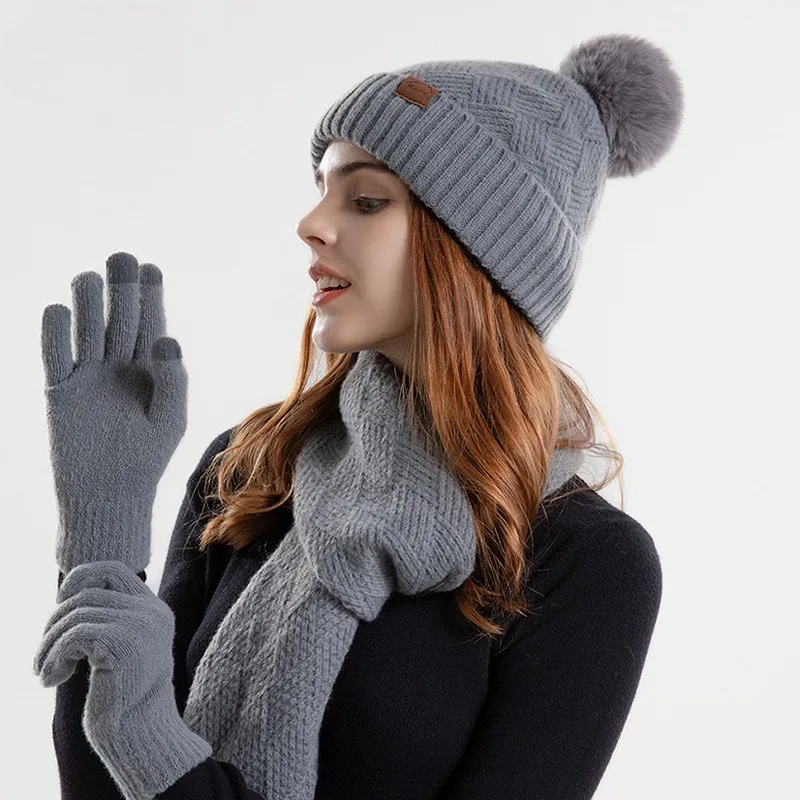 

Women's Warm Hat Scarf Gloves Three Piece Ear Protection Cover Thicken Woolen Fashion Knitted Muffler Hat Winter Keep Warm Set