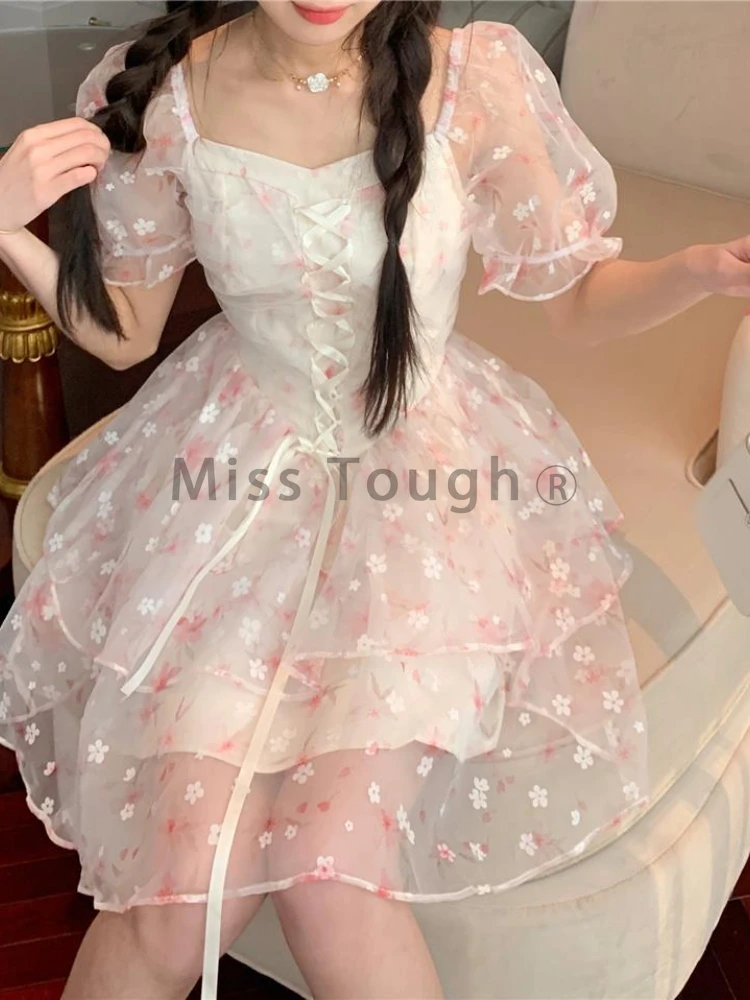 

Summer Lace Kawaii Lolita Dress Women Print Sweet Party Mini Dress Female Korean Fashion Sexy Designer Pink Cute Dress 2022 New