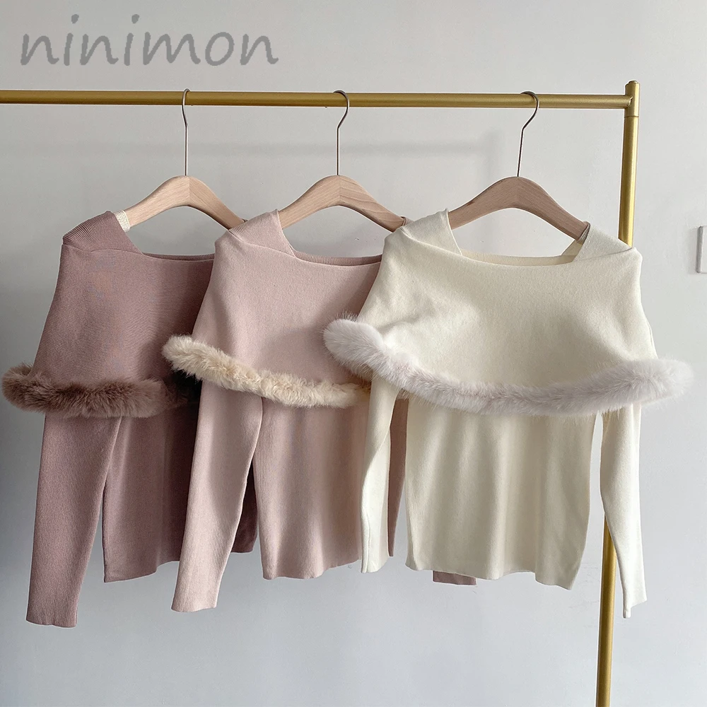 NINIMON Fur Trim Collar Knit Jumpers Women Fuzzy Cloak Temperament Commuter Knitted Pullover Solid Autumn Winter Slim Sweaters images - 6