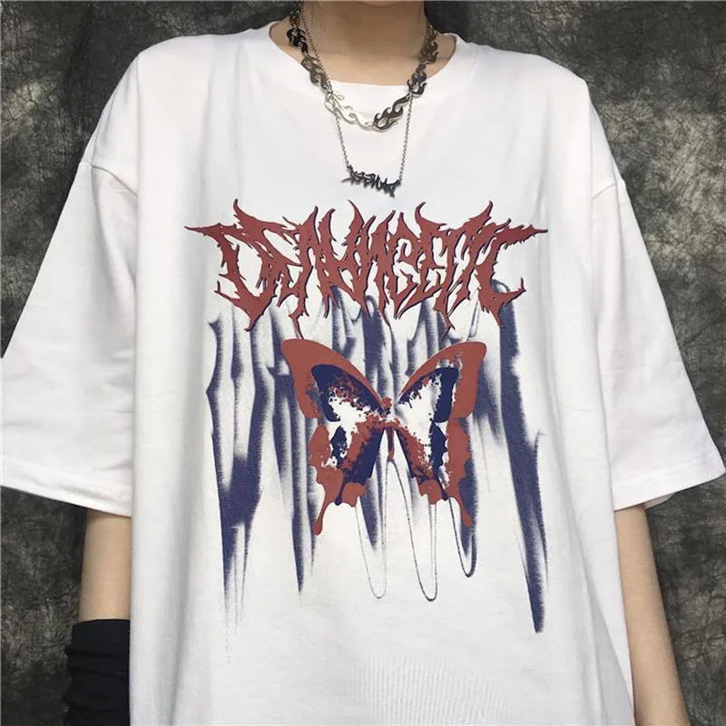 

Summer New Harajuku Vintage Butterfly Print Oversized Women T Shirt High Street Fashion Casual Loose Short Sleeve Tee Unisex