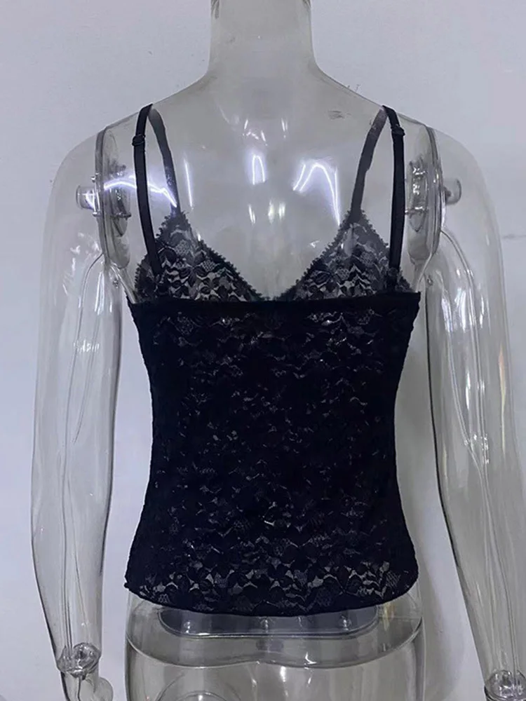 Женский Кружевной укороченный топ без рукавов черный прозрачный с V-образным