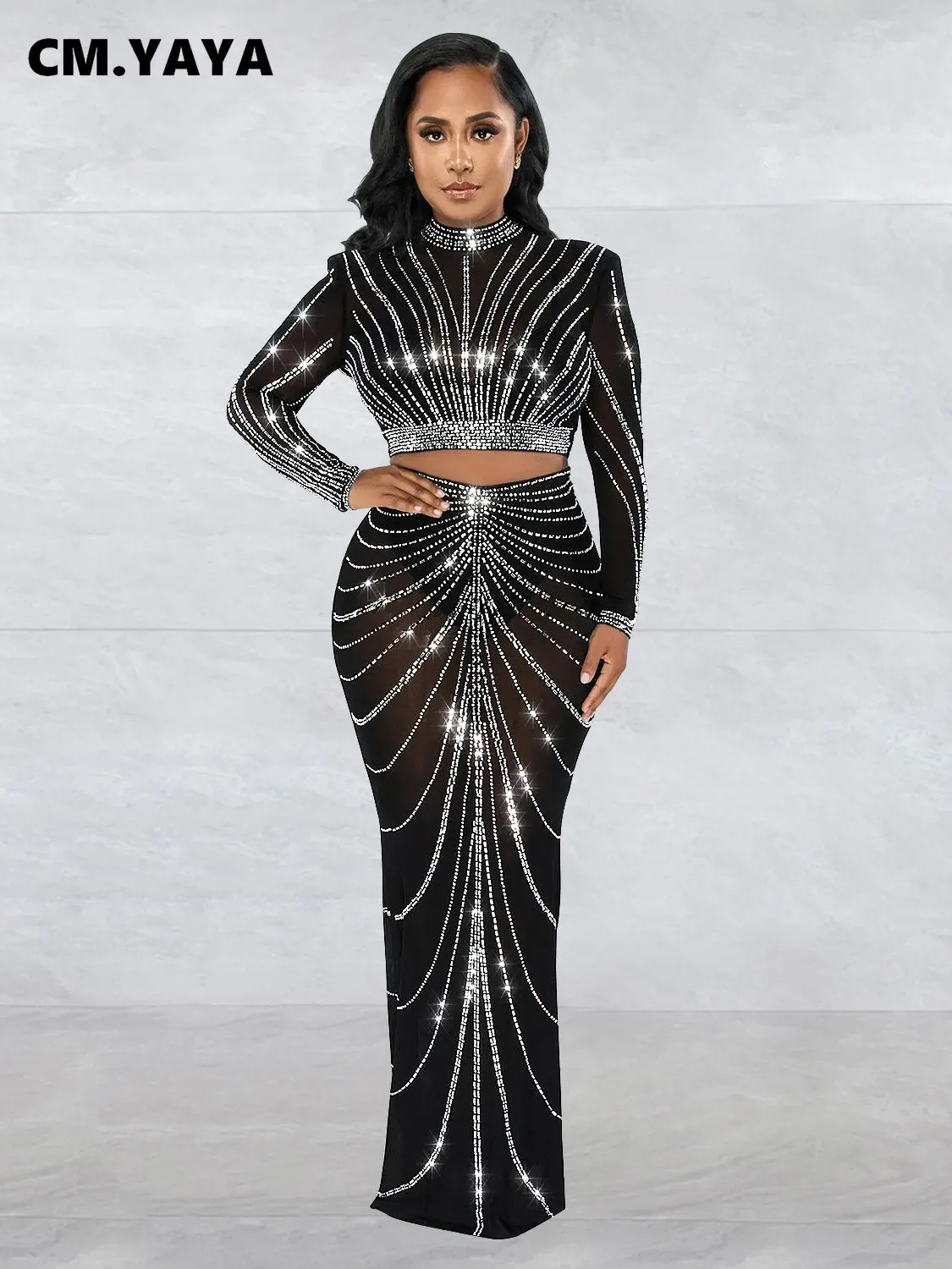 

Соблазнительные прозрачные комплекты Макси-Длинные Юбки миди CM.YAYA Elegang со стразами, комплект из двух предметов для вечерние