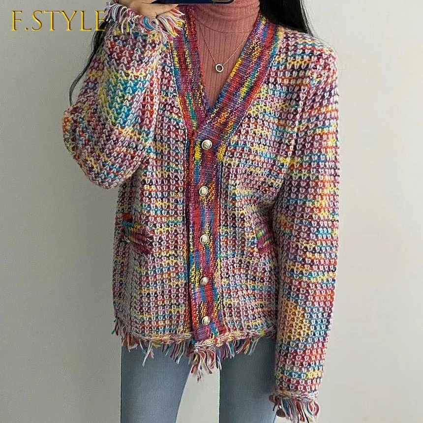 Women's Cardigan Sweater Coat Lazy Loose V Neck Long Sleeve Autumn Winter Female Knitted Tassel Out Wear Sweater Multicolor