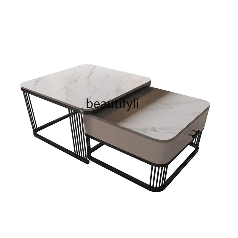 

yj Italian Style Light Luxury Stone Plate Coffee Table Combination Small Apartment with Drawer Square Short Tea Table