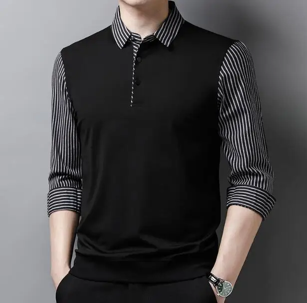 

New Men's Basic Splicing Color Long Sleeve Turn Down Colar Cotton Blend Button T-Shirt ABD494