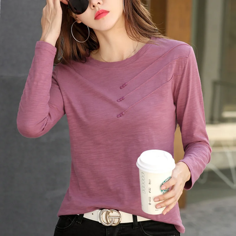 

Fashion O-Neck Long Sleeve T Shirt Women Casual Cotton T-shirt Autumn Solid Loose All-match Office Lady Tops Korean Clothes