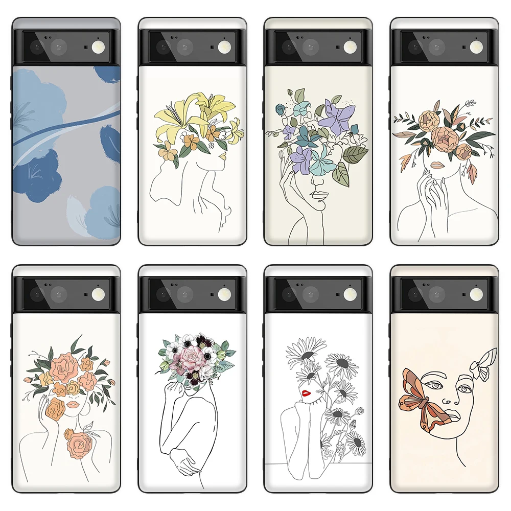 

Line Art Sketch Flower Girl Phone Case for Google Pixel 6 Pro 3 3a 4 XL 4a 5a 5G Soft TPU Coque for Google Pixel 3 5 XL Cover