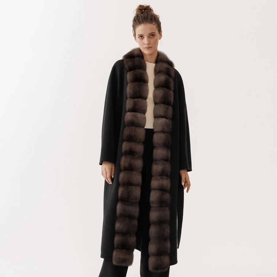 Женское кашемировое пальто длинное шерстяное с воротником из натурального