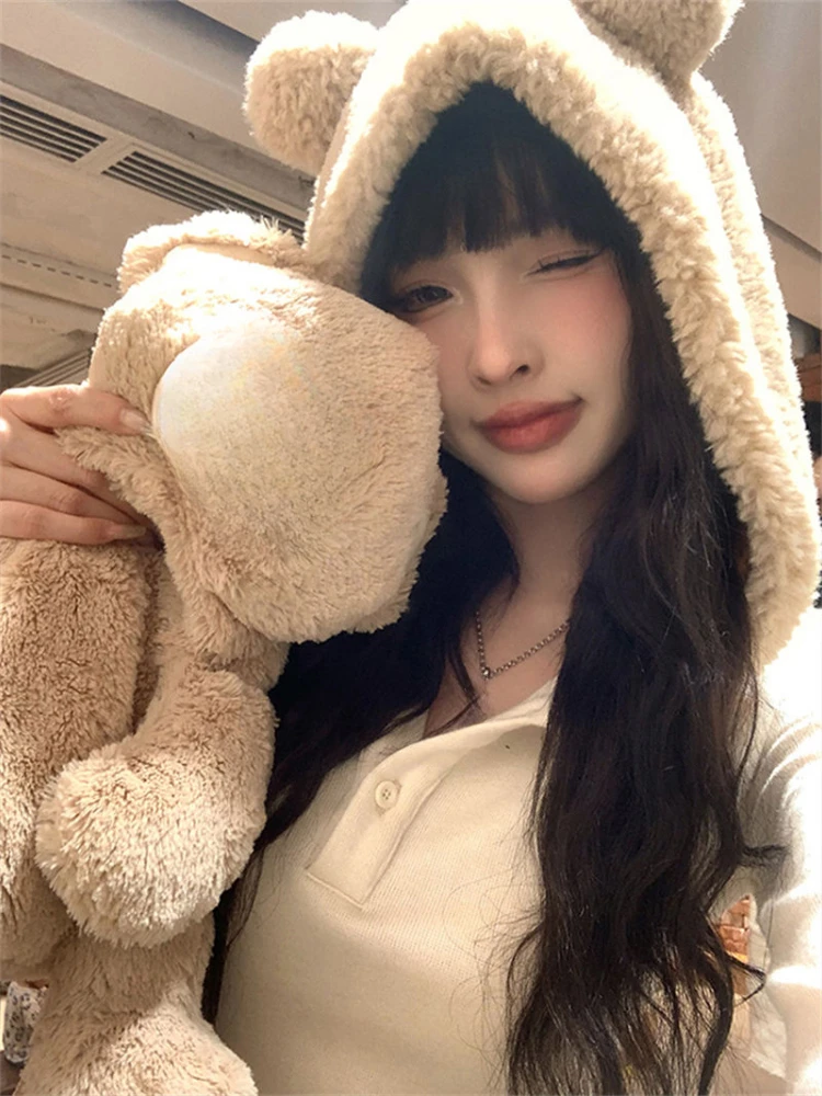 Женское платье Kawaii с милыми медвежьими ушками и капюшоном Y2k Эстетическая туника