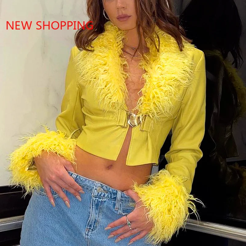 

Y2k Streetwear Yellow PU Leather Jackets for Women Winter Vintage Clothes Fuzzy Faux Fur Collar Coats Chic Fur Cardigan Spring
