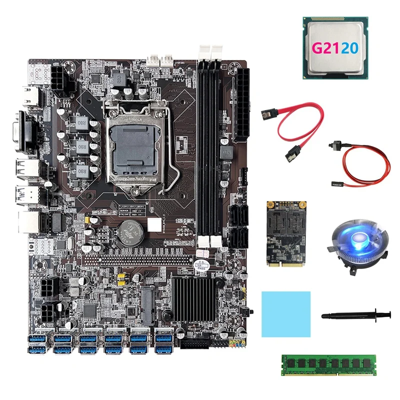 

Материнская плата B75 ETH для майнинга, 12xusb + G2120 CPU + DDR3 4 Гб RAM + 128G SSD + вентилятор + SATA кабель + коммутационный кабель LGA1155 материнская плата