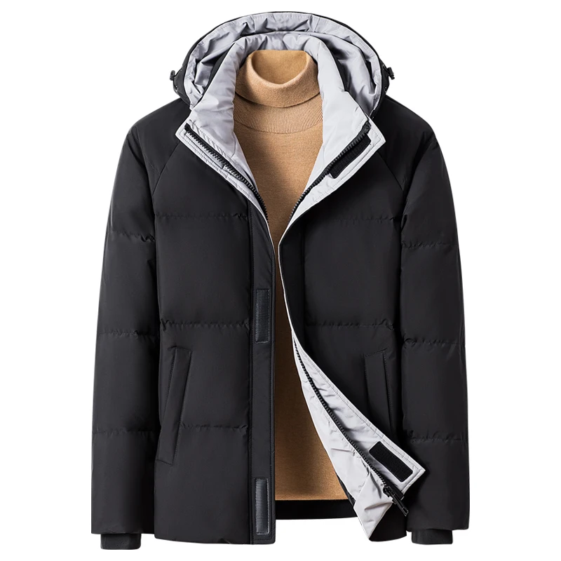 

Black Hooded Down Jacket Men Short Winter Loose Warm Eiderdown Thick Solid Color Fashion Brand Winter Coats Male Dropshipping