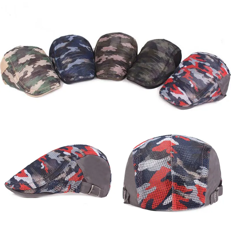 

Men Women Camouflage Duckbill Beret Cap Hollow Breathable Mesh Gatsby Cap Adjustable Cabbie Newsboy Driving Hunting Flat Hat