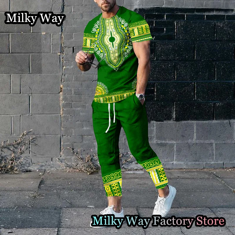 Men T-Shirt Trousers Set Summer Vintage Tracksuit Male Outfit 2 Pieces Casual Streetwear Suit African Totem Printing Clothing