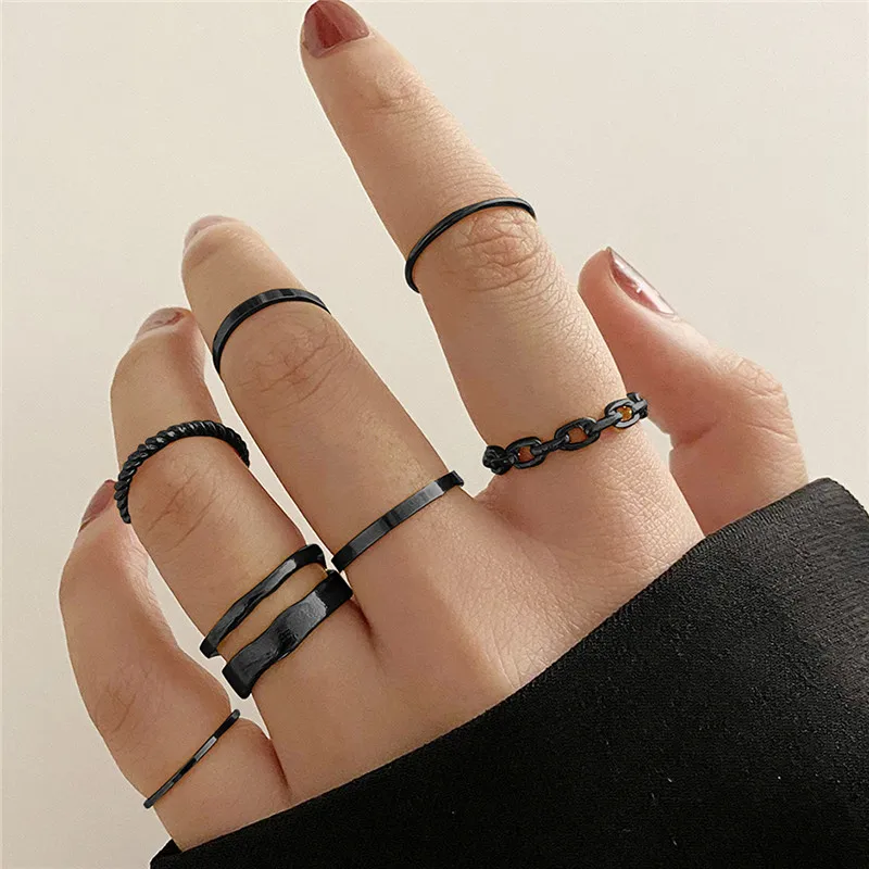 

Trendy Black Rings Set For Women Metal Vintage Irregular Simple Finger Ring Set Girls 2022 Fashion Korean Accessories Jewelry
