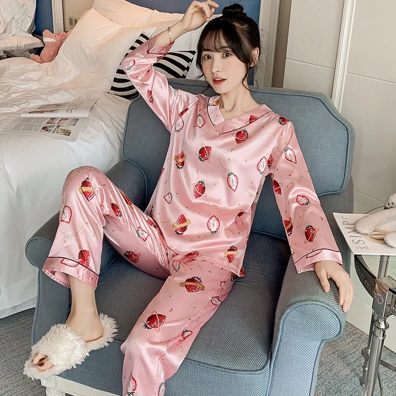 Ice Silk Pajamas Ladies Spring and Autumn Long-sleeved Thin Sweet Silk Home Clothes Two-piece Suit Silk Pajamas for Women