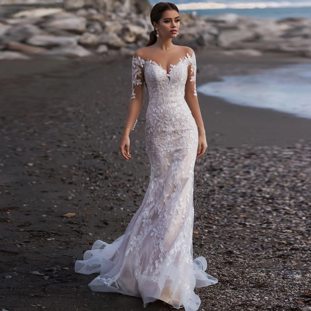 

Exquisite Glitter Wedding Dresses Scoop Neck Long Sleeves Dresses Mermaid Sweep Train Appliques Lace Illusion Back Bridal Gowns